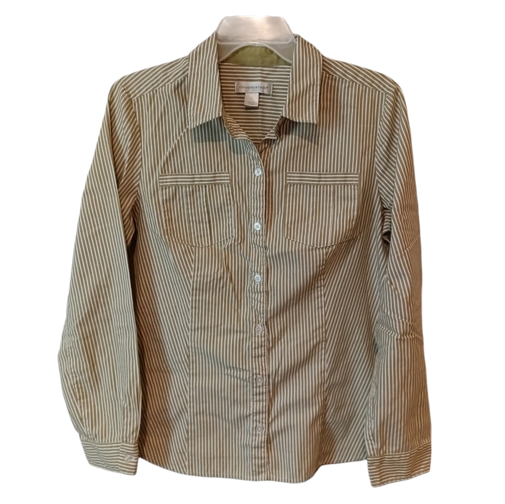 Christopher & Banks - Woman's - Olive Striped - Button Up Shirt - Small